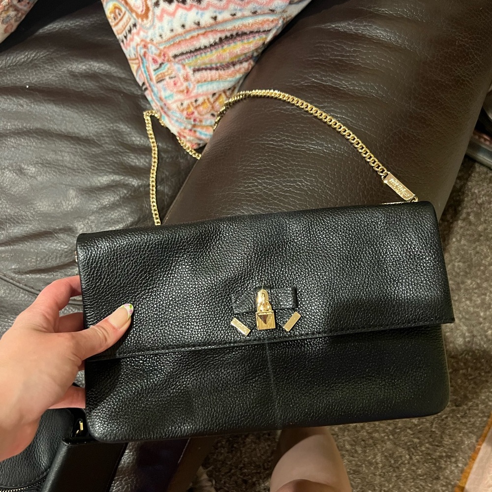 Michael Kors Black Leather Clutch with Gold Chain